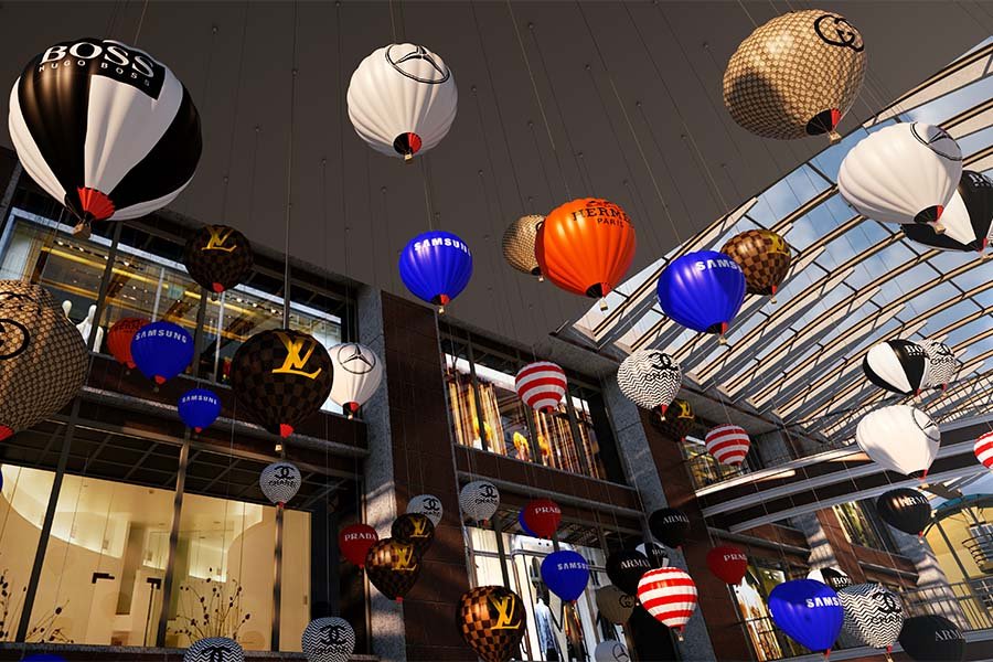 Suspended branded balloon installation in mall