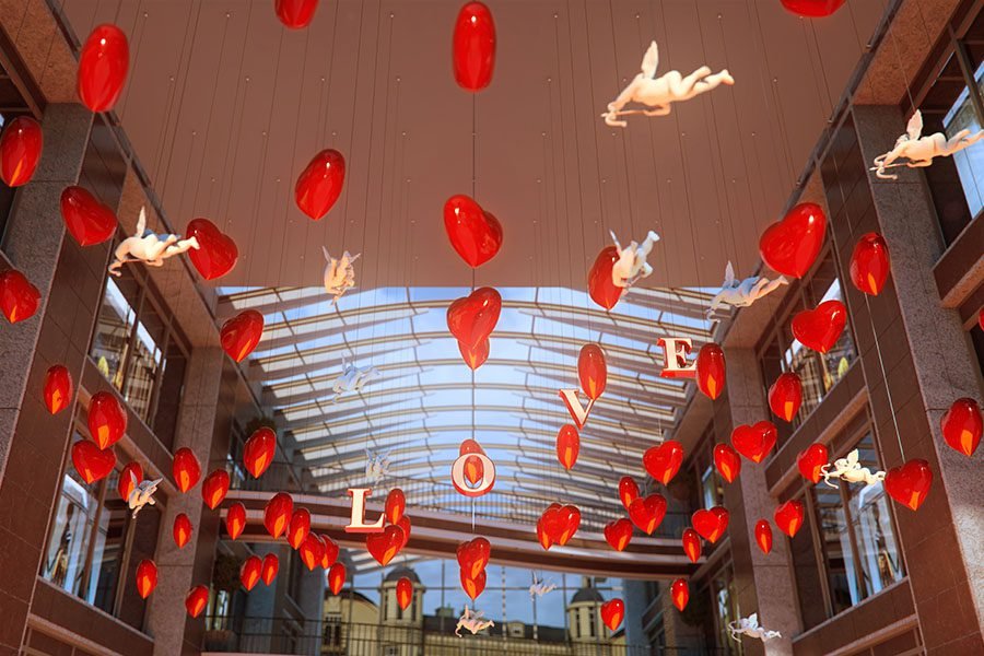 suspended heart art installation