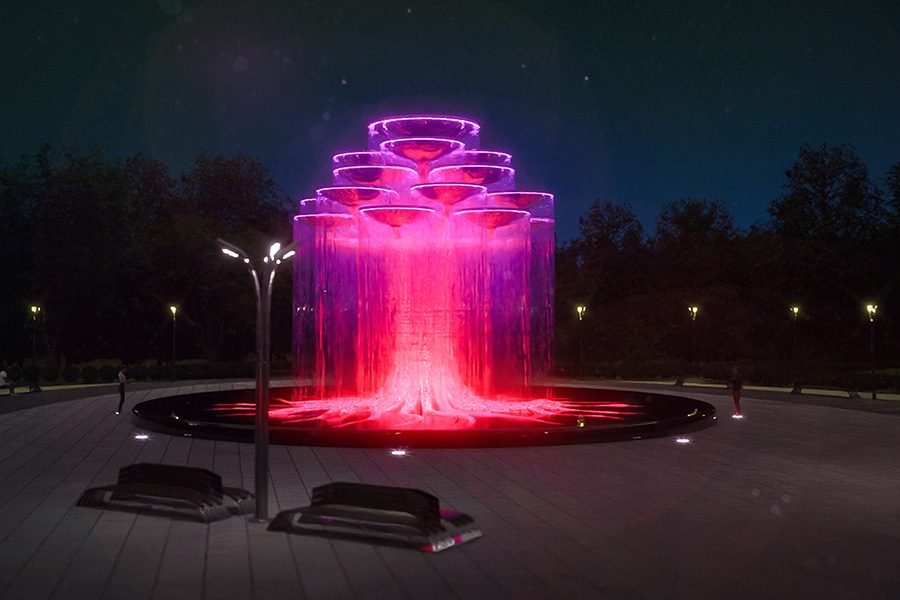 Modern multi-bowl cascading fountain with LED lighting