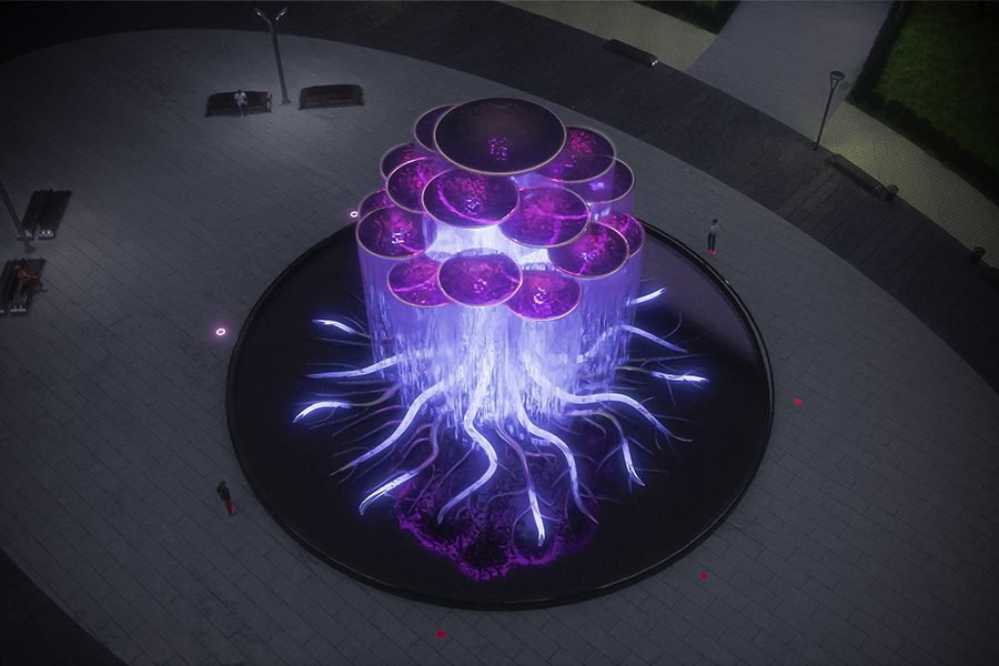 illuminated multi-tier bowl fountain with cascading water