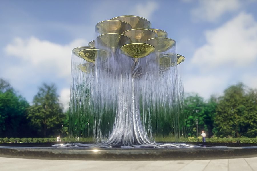 water art feature in gold and silver metal