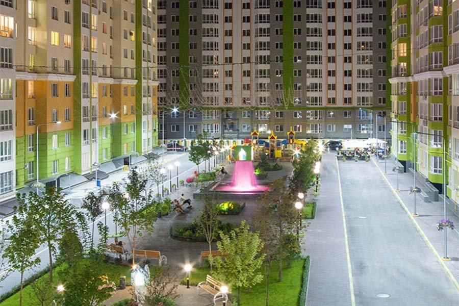courtyard fountain with LED lighting at night