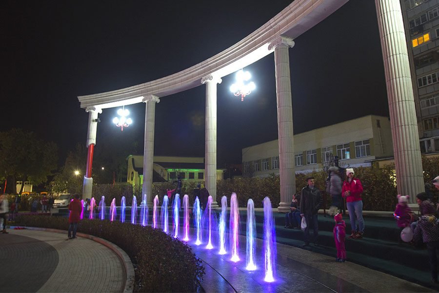 LED fountain jets at night