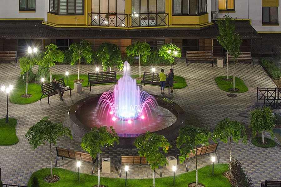 Elegant granite courtyard fountain with LED lighting