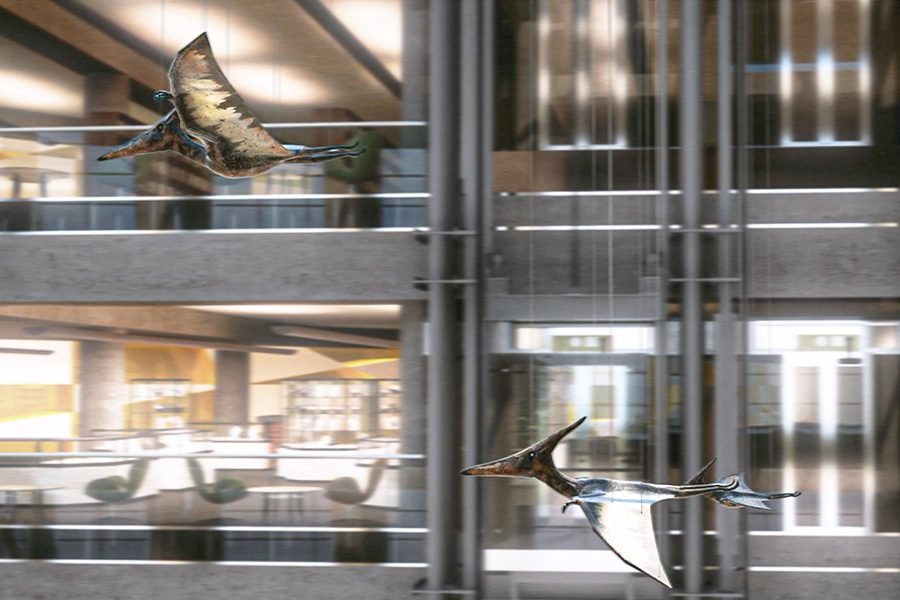 Suspended pterosaur sculptures in modern atrium