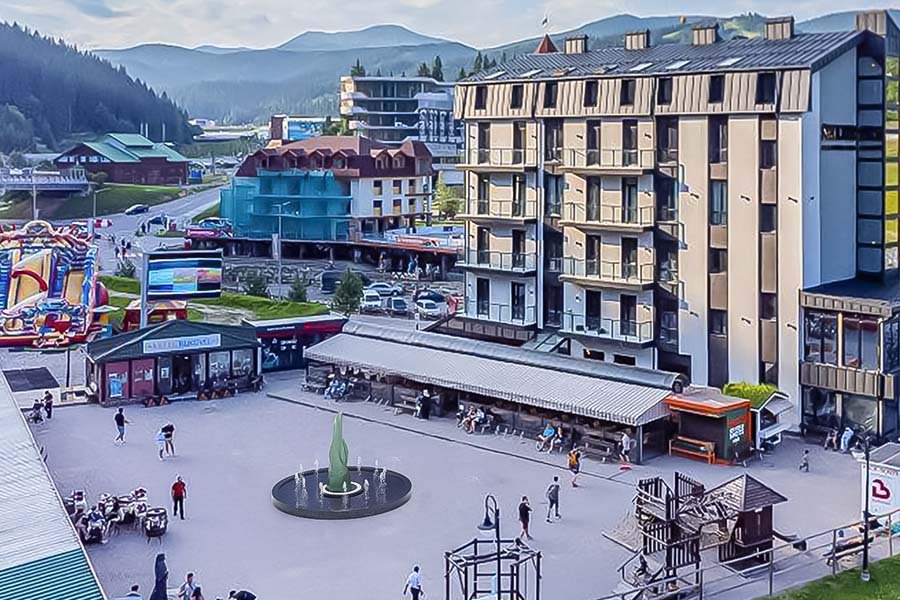 art and water installation in open residential plaza