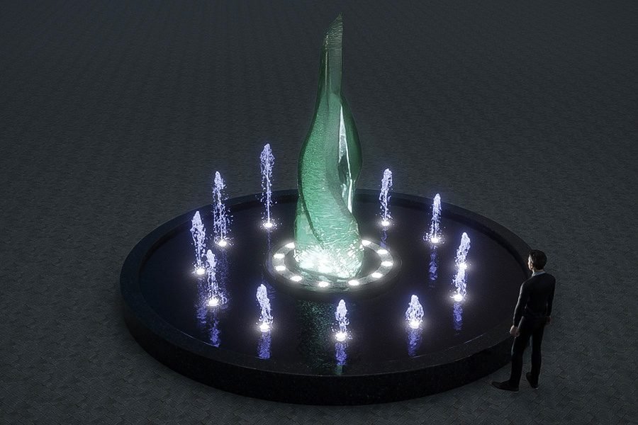 green glass art sculpture with water jets