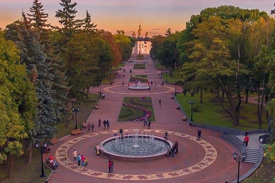 urban park with fountains
