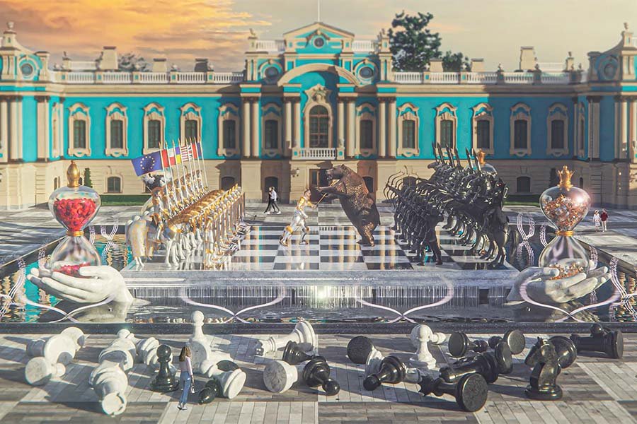 chess themed art and water installation