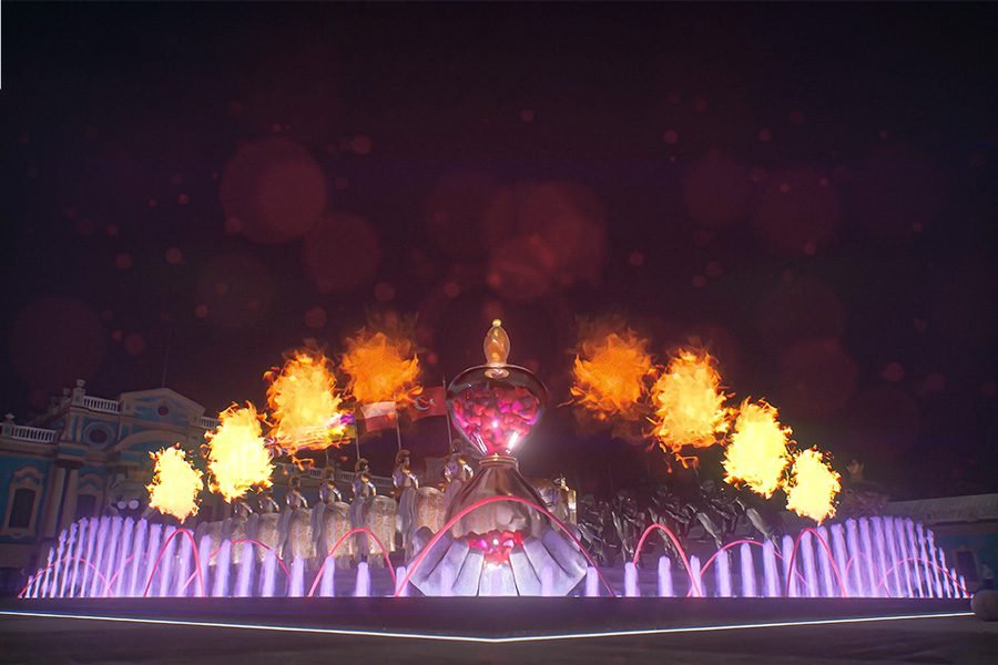Fire show with sculptural composition and illuminated fountains