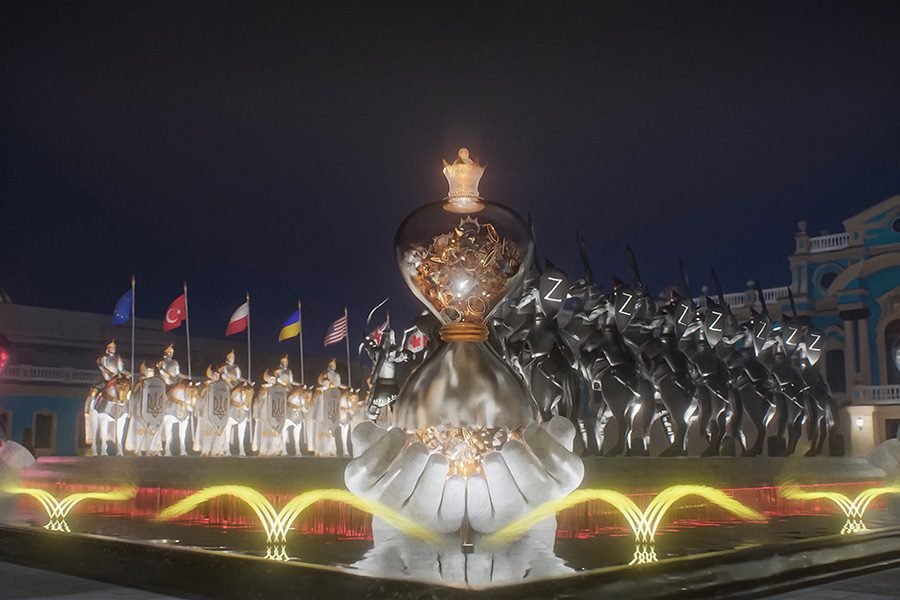 illuminated hourglass sculpture on an open hand at night
