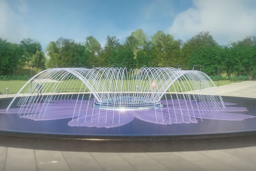 interactive circular fountain with water arches