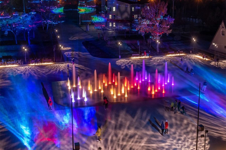Interactive dry fountain with colorful LED water jets
