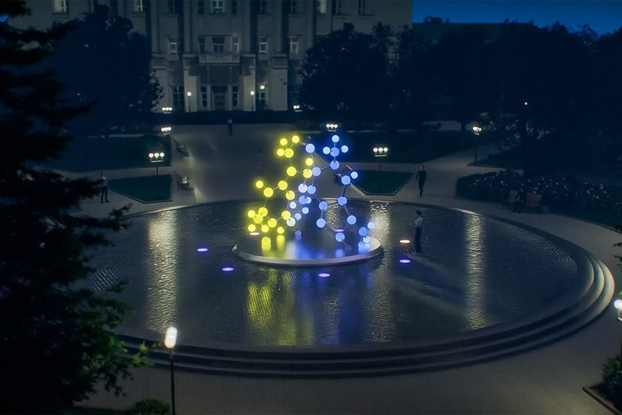 Public art light sculpture at night