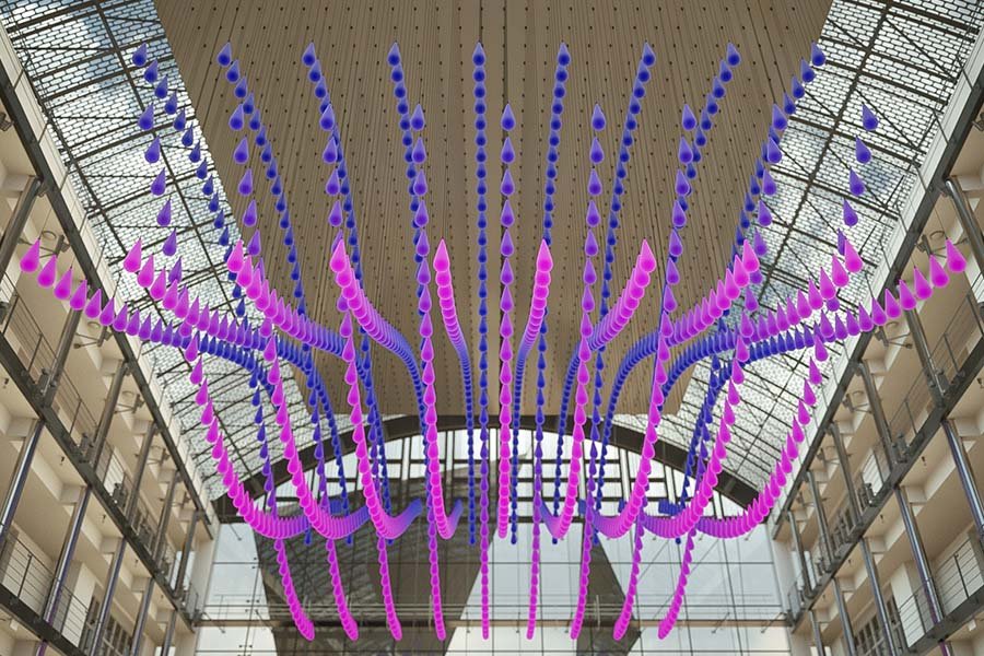 Large-scale kinetic droplet installation with blue and pink suspended elements