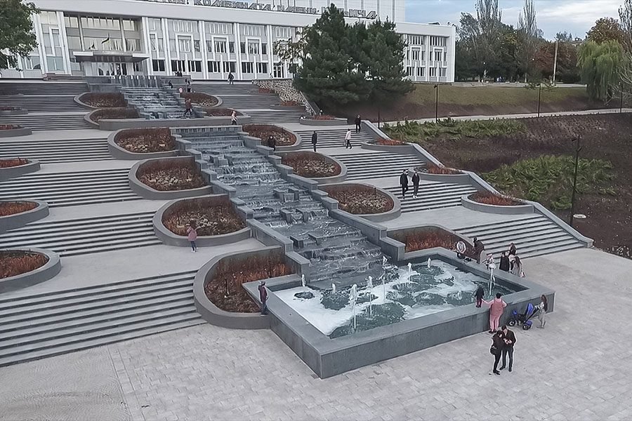 large cascading staircase fountain in public park