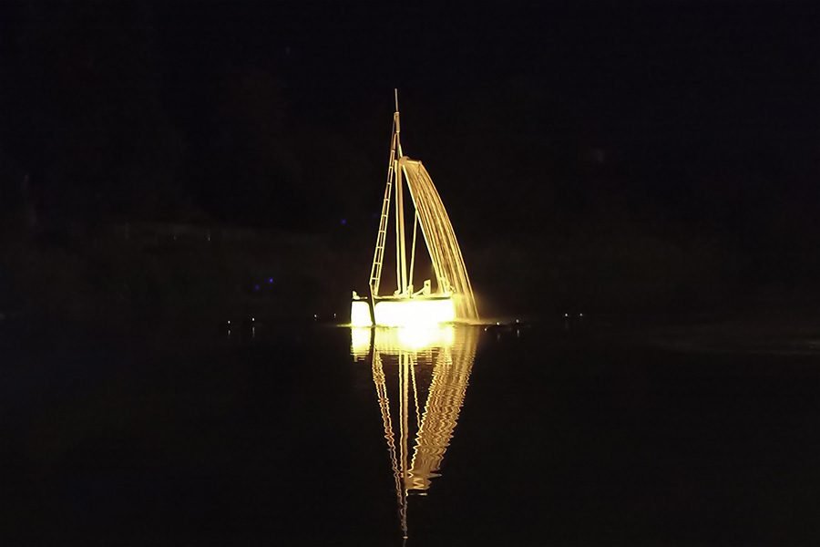 boat sculpture with light