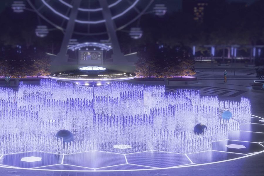 UFO fountain with illuminated water jets