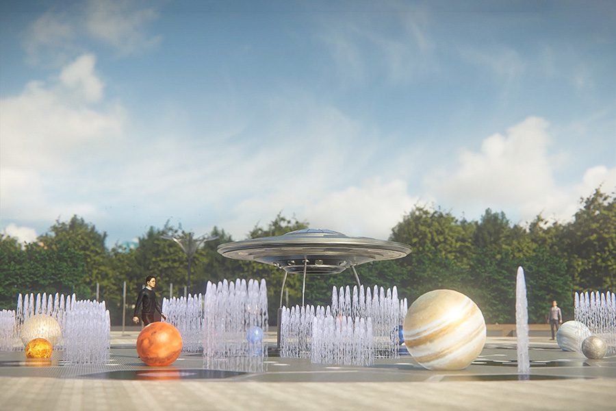 UFO themed planetary fountain installation