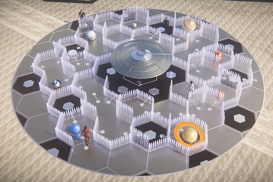 nteractive space-themed fountain with planets