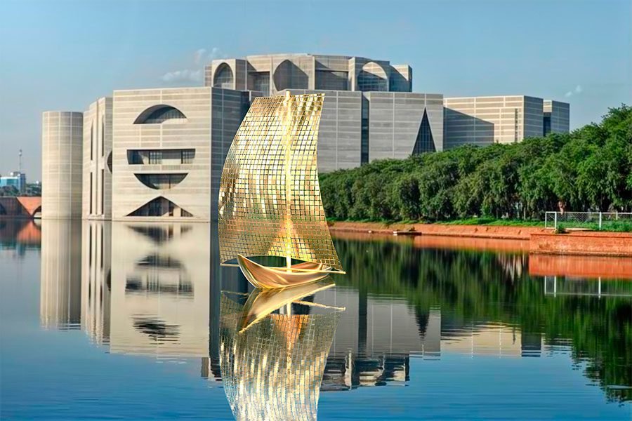 sail sculpture in front of government building