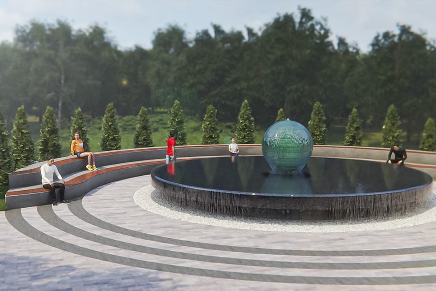 water feature with sphere in the middle