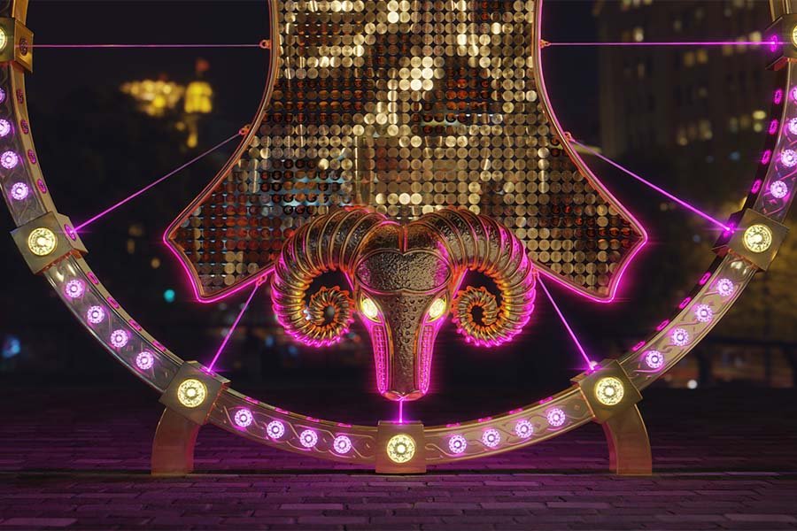 Illuminated golden ram head sculpture
