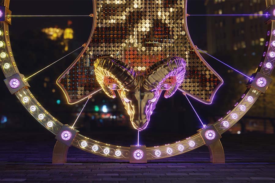 ram head light sculpture with metallic mosaic