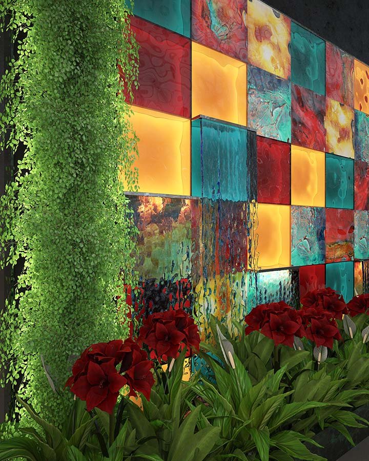 colorful hand-blown glass wall art with integrated greenery