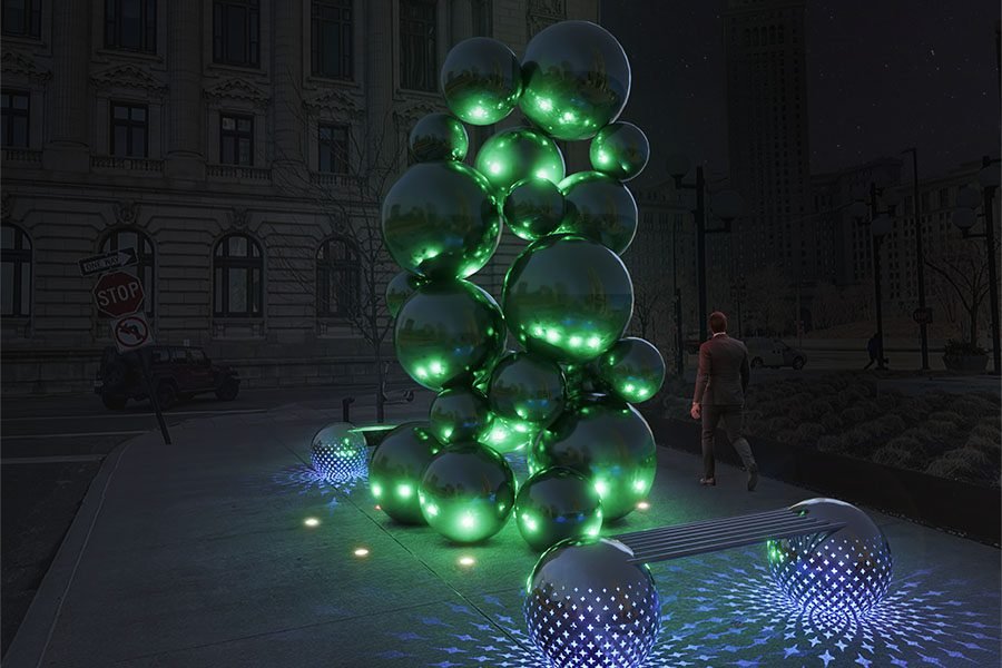 Reflective sphere sculpture and LED bench in urban square