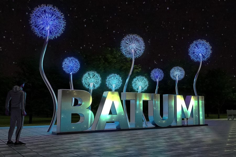 urban city sign with projection mapping in open public square