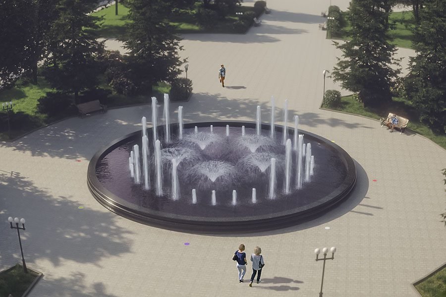 outdoor circular interactive fountain with lighting in public park