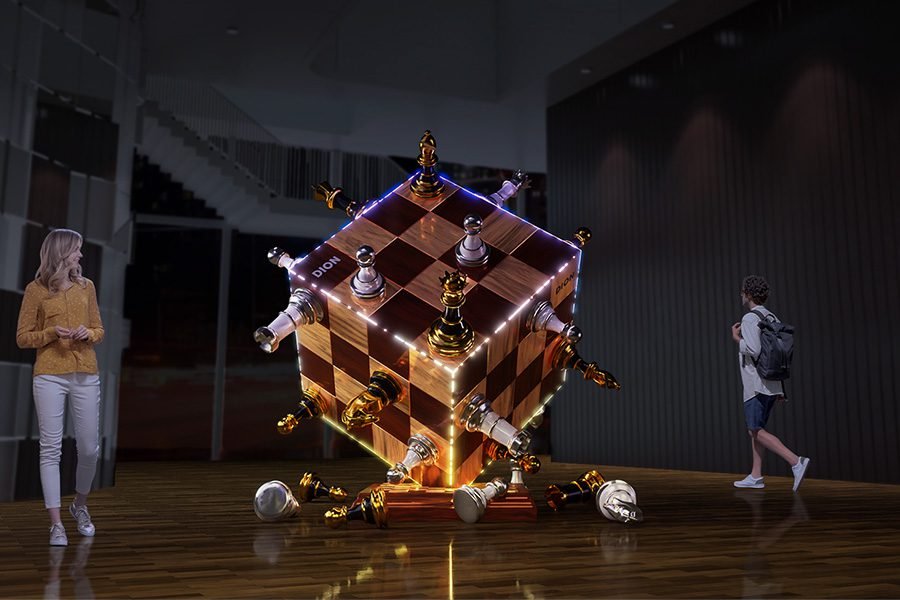 public art chest sculpture with LED light