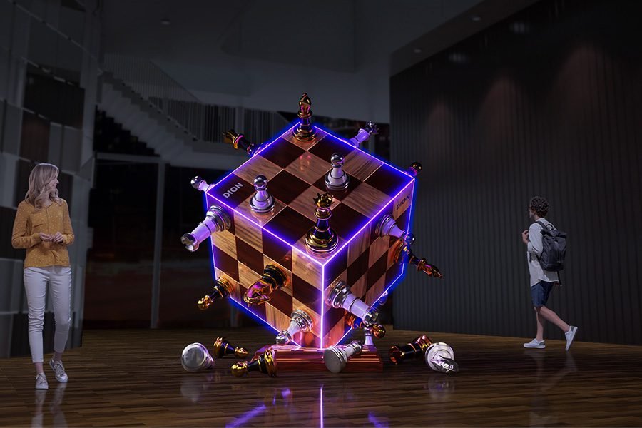 check sculpture  with blue led lighting