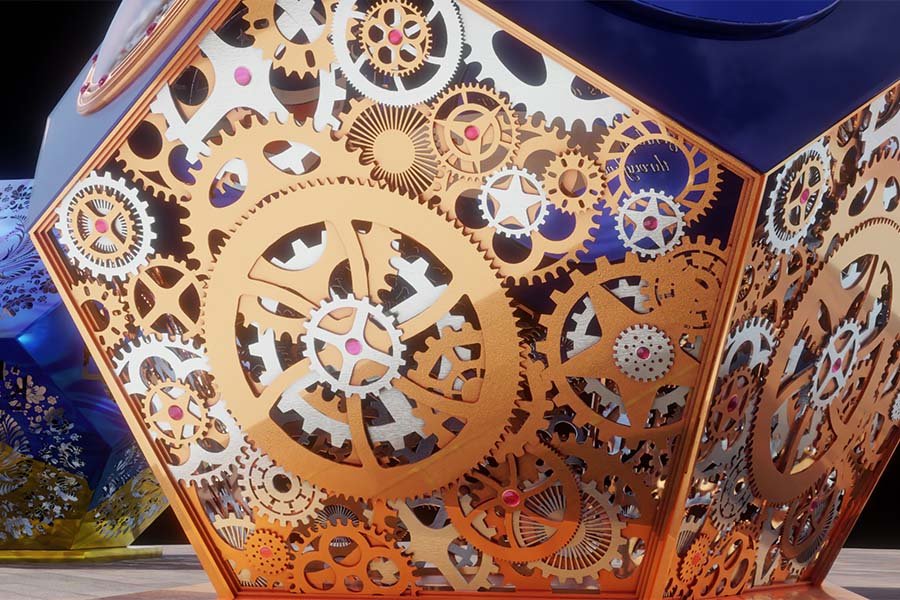 illuminated metal sculpture with intricate clockwork gears pattern