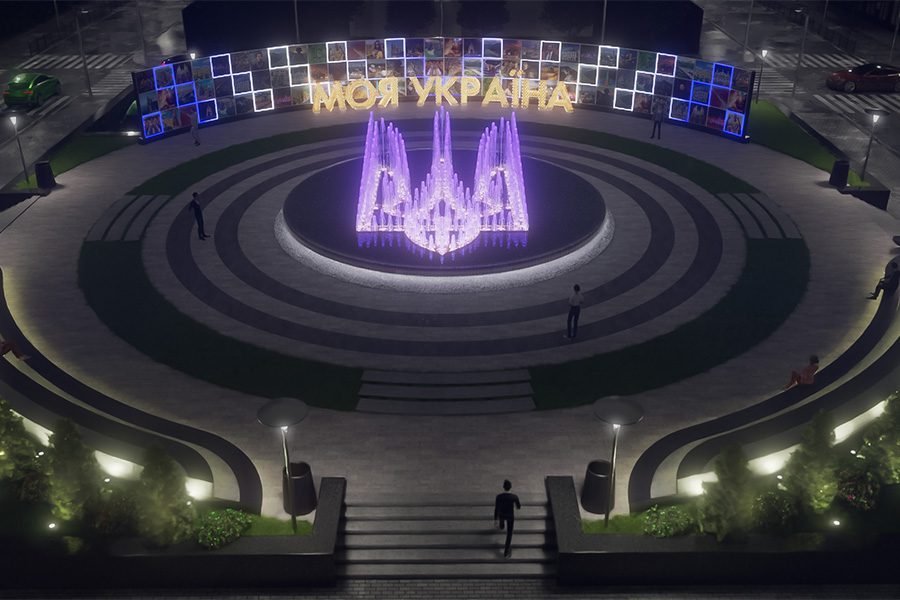 LED light art sculpture in an open city square