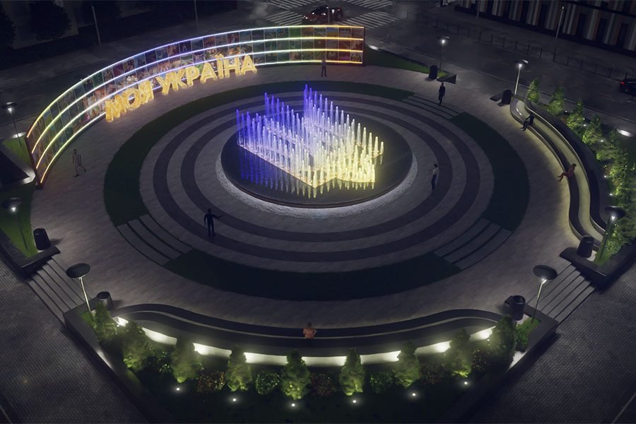 LED water fountain installation in a city square