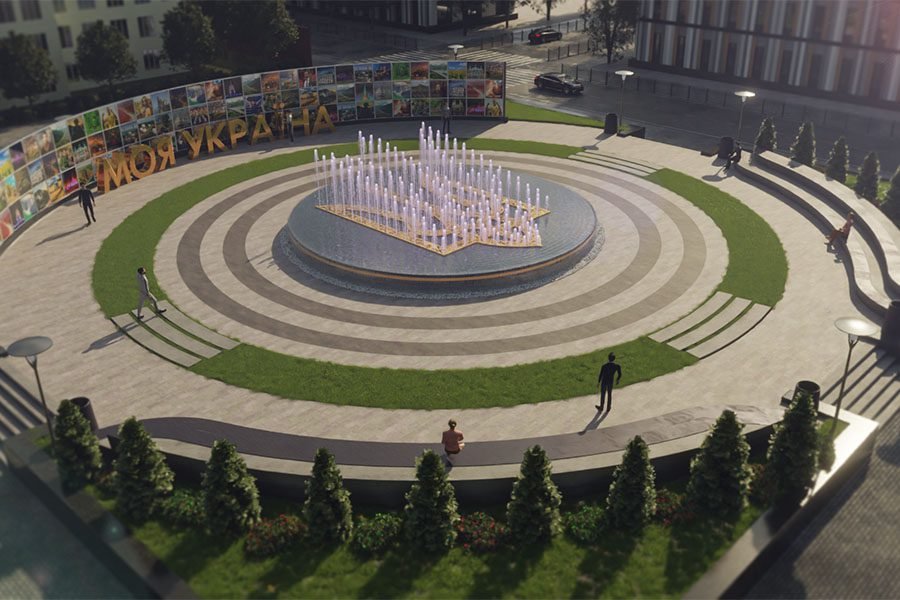 City square dancing  water fountain with sculptural pattern