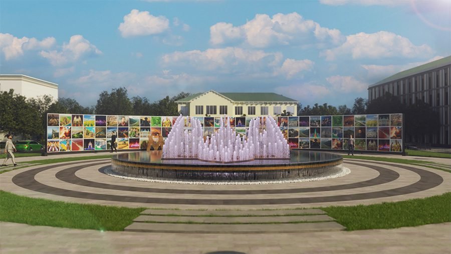 coat of arms fountain with memorial board