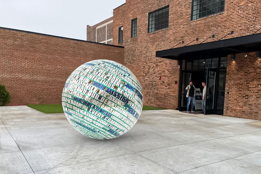 typographic metal sphere public art sculpture