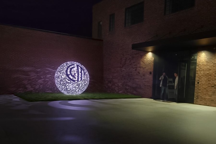 perforated metal sphere art with led for outdoor