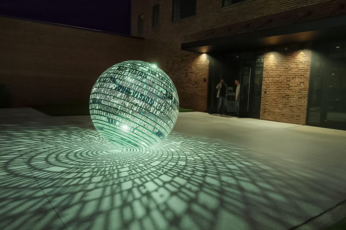 outdoor architectural sphere with patterned shadow illumination