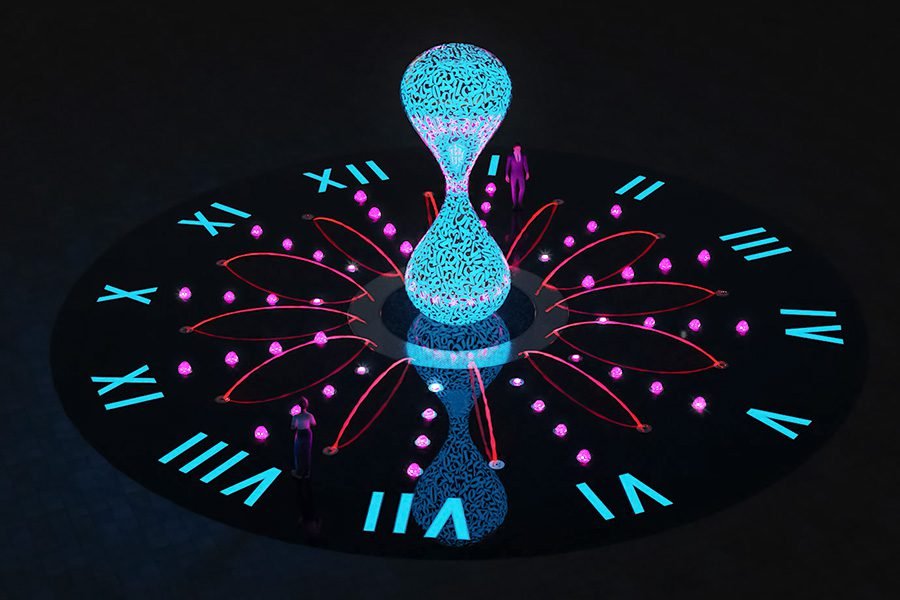outdoor fountain with perforated metal hourglass sculpture