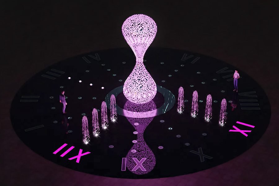 glowing perforated metal hourglass in circular night fountain