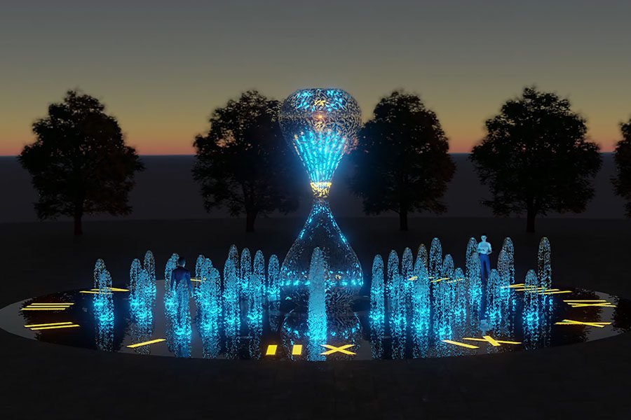 dancing water feature with light
