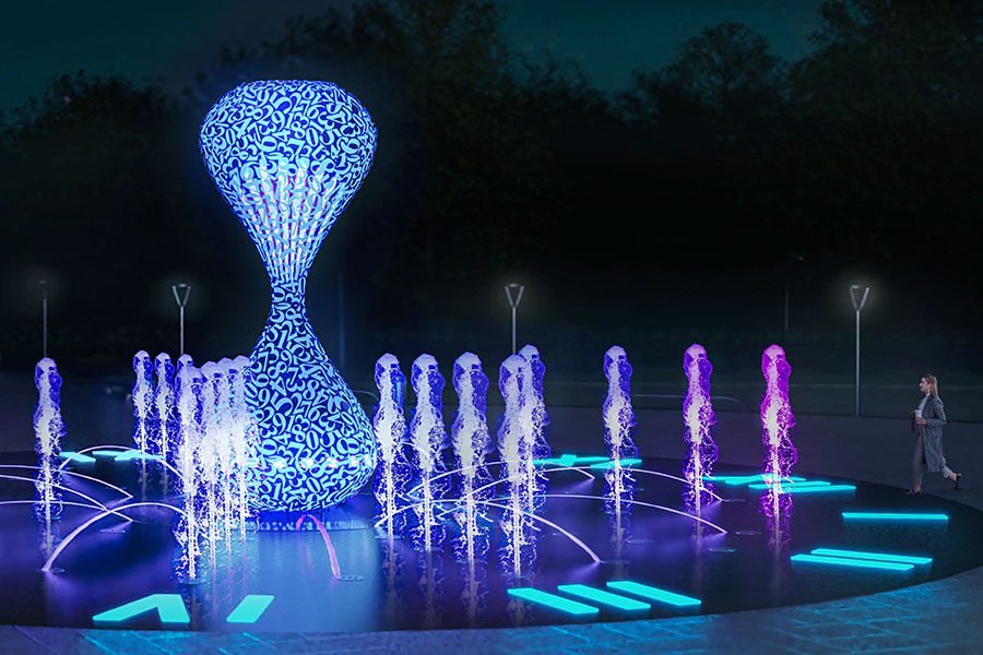 public night fountain featuring illuminated metal hourglass clock
