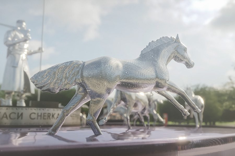 modern perforated metal monument of Ukrainian Cossack warrior