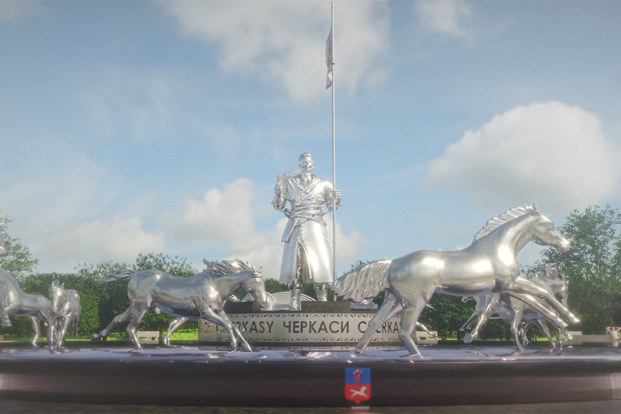 Ukrainian Cossack warrior monument with horses metal sculpture