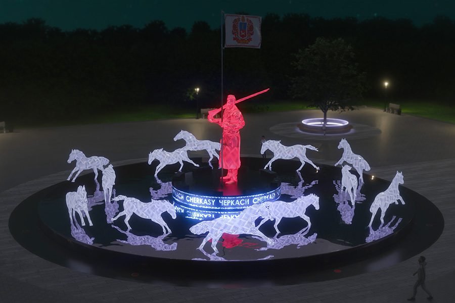 modern outdoor metal art installation with light