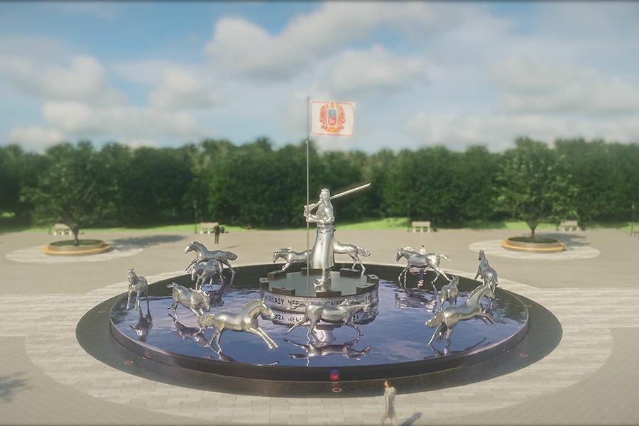 outdoor public metal art installation with water and light